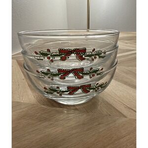 Set 3 VTG MCM Libby Glass XMAS Holly‎ Bow Garland, Fruit/Dessert Bowl Party Mint